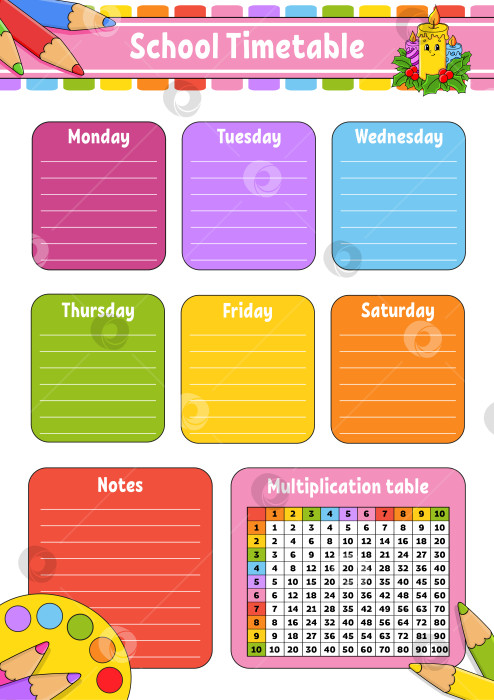 Скачать Школьное расписание с таблицей умножения. Для обучения детей. Выделено на белом фоне. С симпатичным мультяшным персонажем. Векторная иллюстрация. фотосток Ozero