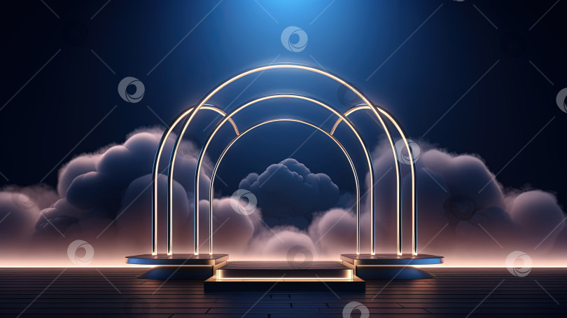 Скачать Неоновая арка в комнате с темно-синими огнями и облаками. Абстрактный фон для вечеринки или демонстрации товаров. Созданный искусственный интеллект. фотосток Ozero