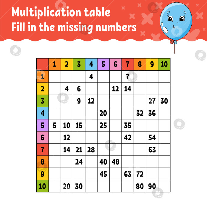 Скачать Вставьте пропущенные цифры. Изучаем таблицу умножения. Тренируем почерк. Развивающий лист для обучения. Раскрашиваем страницу с упражнениями. Игра для детей. Векторная иллюстрация. фотосток Ozero