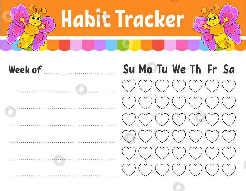 Скачать Программа отслеживания привычек для детей. Шаблон листа для печати. С симпатичным персонажем. Векторная иллюстрация. фотосток Ozero