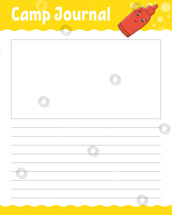 Скачать Шаблон линованного листа для лагерного дневника. Бумага для рукописного ввода. Для дневника, ежедневника-планировщика, контрольного списка, списка пожеланий. С симпатичным персонажем. Векторная иллюстрация. фотосток Ozero