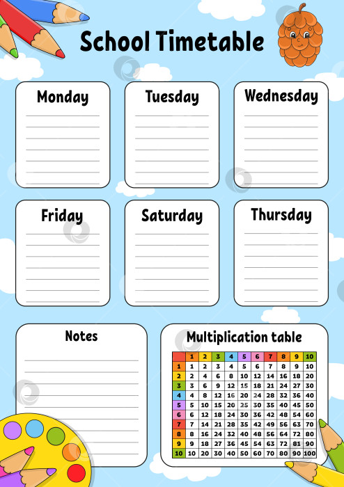 Скачать Школьное расписание. Для обучения детей. Выделено на цветном фоне. С милым мультяшным персонажем. Векторная иллюстрация. фотосток Ozero