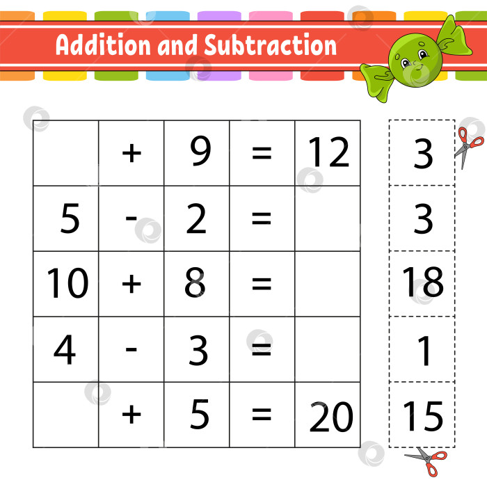 Скачать Сложение и вычитание. Задание для детей. Вырезаем и вставляем. Развивающий лист для обучения. Страница с упражнениями. Игра для детей. Забавный персонаж. Изолированная векторная иллюстрация. мультяшный стиль. фотосток Ozero