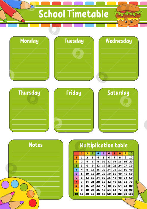 Скачать Школьное расписание с таблицей умножения. Для обучения детей. Выделено на белом фоне. С симпатичным мультяшным персонажем. фотосток Ozero