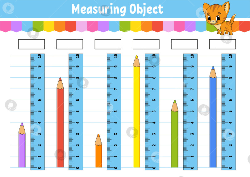 Скачать Измерьте длину в сантиметрах с помощью линейки. Развивающий лист для обучения. Игра для детей. Раскрась страницу с заданиями. Головоломка для детей. Милый персонаж. Векторная иллюстрация. мультяшный стиль. фотосток Ozero