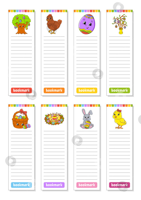 Скачать Набор бумажных закладок для книг с милыми героями мультфильмов. Для детей. Цветная векторная иллюстрация. Пасхальная тематика. фотосток Ozero