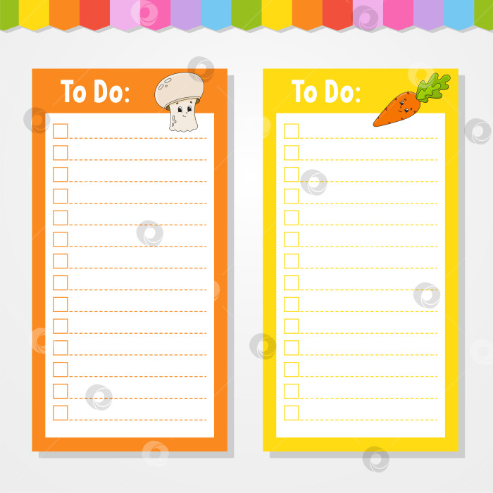 Скачать Список дел для детей. Пустой шаблон. Прямоугольная форма. Изолированная цветная векторная иллюстрация. Забавный персонаж. Мультяшный стиль. Для дневника, записной книжки, закладки. фотосток Ozero