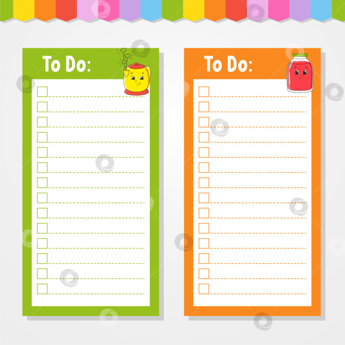 Скачать Список дел для детей. Пустой шаблон. Прямоугольная форма. Изолированная цветная векторная иллюстрация. Забавный персонаж. Мультяшный стиль. Для дневника, записной книжки, закладки. фотосток Ozero