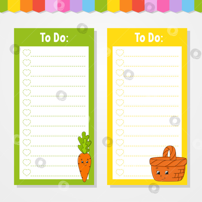 Скачать Список дел для детей. Пустой шаблон. Прямоугольная форма. Изолированная цветная векторная иллюстрация. Забавный персонаж. Мультяшный стиль. Для дневника, записной книжки, закладки. фотосток Ozero
