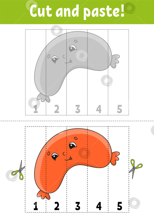 Скачать Учим цифры 1-5. Вырезаем и склеиваем. Мультяшный персонаж. Развивающий лист для обучения. Игра для детей. Страница с заданиями. Цветная векторная иллюстрация. фотосток Ozero