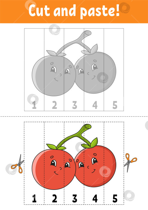 Скачать Учим цифры 1-5. Вырезаем и склеиваем. Мультяшный персонаж. Развивающий лист для обучения. Игра для детей. Страница с упражнениями. Цветная векторная иллюстрация. фотосток Ozero