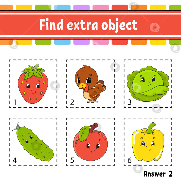 Скачать Найдите дополнительный объект. Рабочая тетрадь для занятий с детьми и ясельного возраста. Игра для детей. Счастливые персонажи. Простая цветная векторная иллюстрация в милом мультяшном стиле. фотосток Ozero