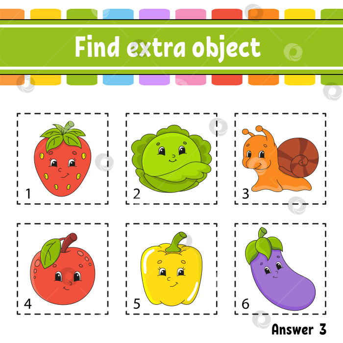 Скачать Найдите дополнительный объект. Рабочая тетрадь для занятий с детьми и ясельного возраста. Игра для детей. Счастливые персонажи. Простая цветная векторная иллюстрация в милом мультяшном стиле. фотосток Ozero