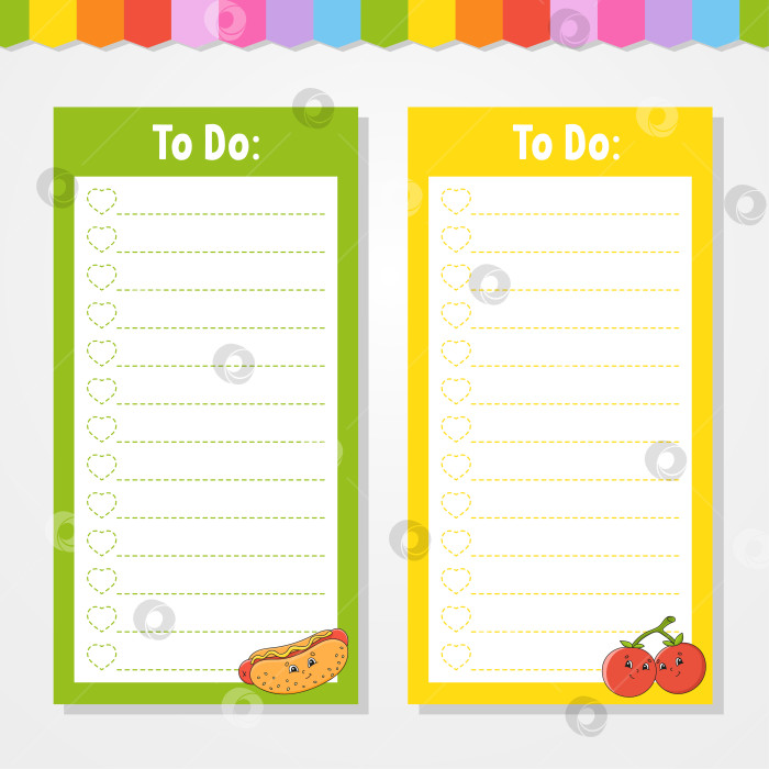 Скачать Список дел для детей. Пустой шаблон. Прямоугольная форма. Изолированная цветная векторная иллюстрация. Забавный персонаж. Мультяшный стиль. Для дневника, записной книжки, закладки. фотосток Ozero