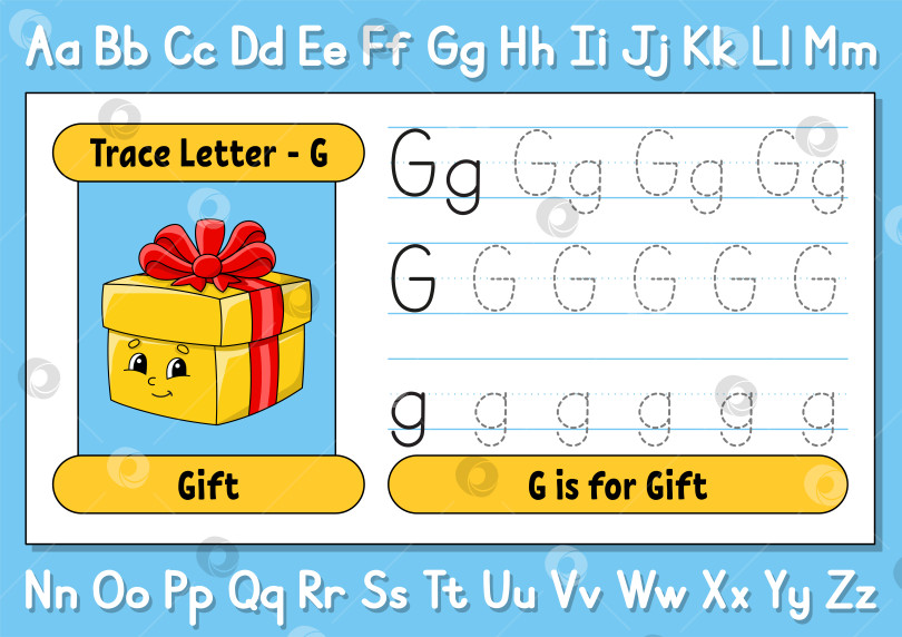 Скачать Обводите буквы. Практикуйтесь в письме. Лист обводки для детей. Учите алфавит. Милый персонаж. Векторная иллюстрация. Мультяшный стиль. фотосток Ozero