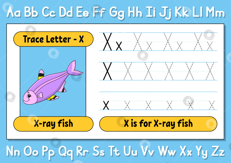 Скачать Обводите буквы. Практикуйтесь в письме. Лист обводки для детей. Учите алфавит. Милый персонаж. Векторная иллюстрация. Мультяшный стиль. фотосток Ozero