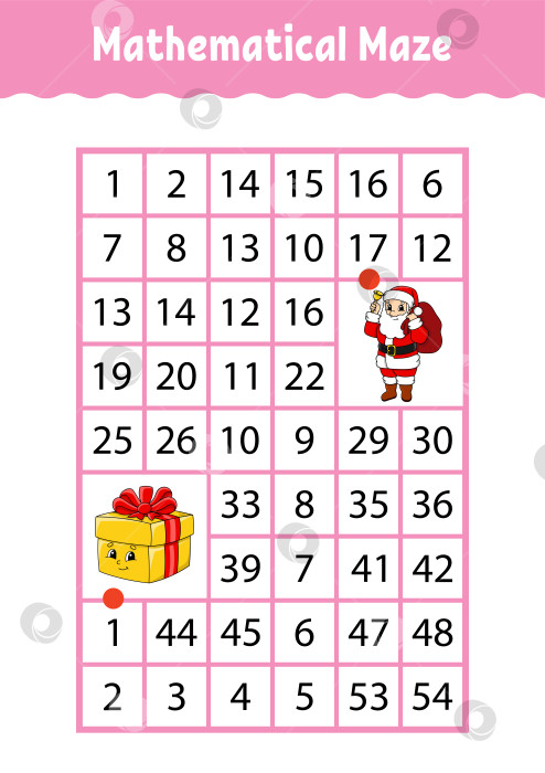 Скачать Математический прямоугольный лабиринт. Игра для детей. Числовой лабиринт. Учебная таблица. Страница с заданиями. Загадка для детей. Персонажи мультфильмов. фотосток Ozero