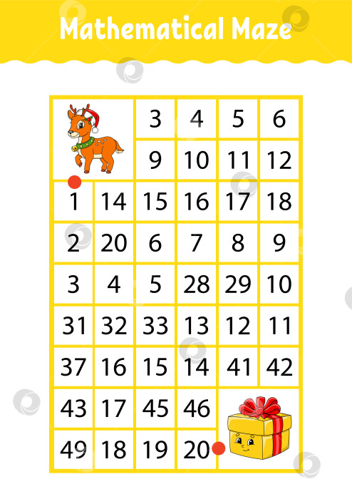 Скачать Математический прямоугольный лабиринт. Игра для детей. Числовой лабиринт. Учебная таблица. Страница с заданиями. Загадка для детей. Персонажи мультфильмов. фотосток Ozero