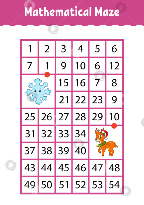 Скачать Математический прямоугольный лабиринт. Игра для детей. Числовой лабиринт. Учебная таблица. Страница с заданиями. Загадка для детей. Персонажи мультфильмов. фотосток Ozero