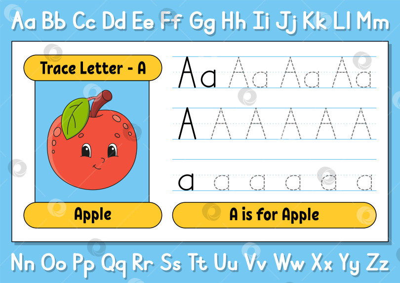 Скачать Обводите буквы. Практикуйтесь в письме. Лист обводки для детей. Учите алфавит. Милый персонаж. Векторная иллюстрация. Мультяшный стиль. фотосток Ozero