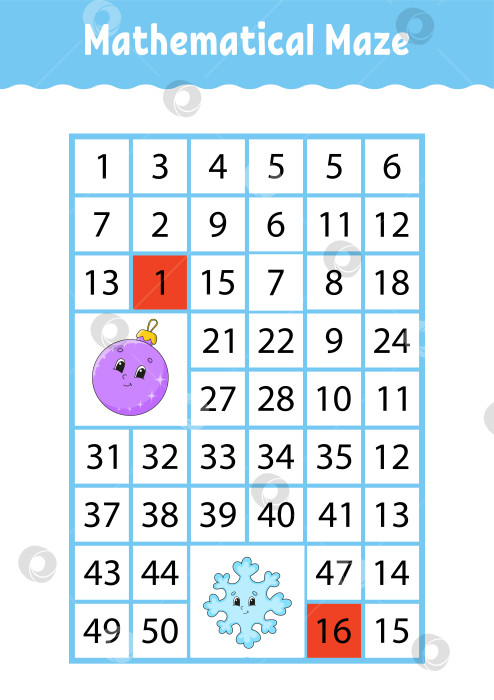 Скачать Математический прямоугольный лабиринт. Игра для детей. Числовой лабиринт. Учебная таблица. Страница с заданиями. Загадка для детей. Персонажи мультфильмов. фотосток Ozero