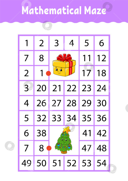 Скачать Математический прямоугольный лабиринт. Игра для детей. Числовой лабиринт. Учебная таблица. Страница с заданиями. Загадка для детей. Персонажи мультфильмов. фотосток Ozero