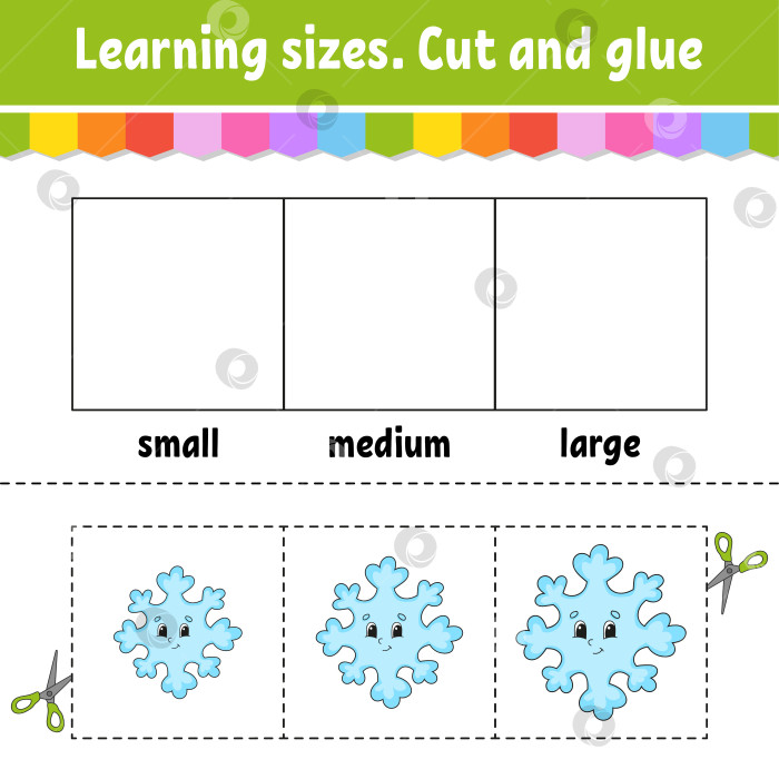 Скачать Учим размеры. Вырезаем и склеиваем. Простой уровень. Рождественская тематика. Раскрашиваем рабочий лист. Игра для детей. Мультяшный персонаж. Векторная иллюстрация. фотосток Ozero