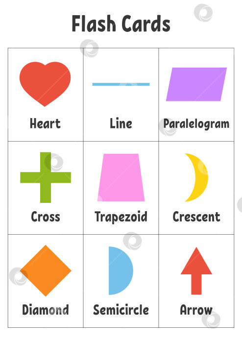 Скачать Флэш-карты. Изучаем формы. Развивающий лист для обучения. Страница с заданиями для детей. Раскраска для детей. Векторная иллюстрация. Мультяшный стиль. фотосток Ozero