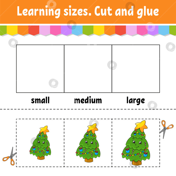 Скачать Учим размеры. Вырезаем и склеиваем. Простой уровень. Рождественская тематика. Раскрашиваем рабочий лист. Игра для детей. Мультяшный персонаж. Векторная иллюстрация. фотосток Ozero