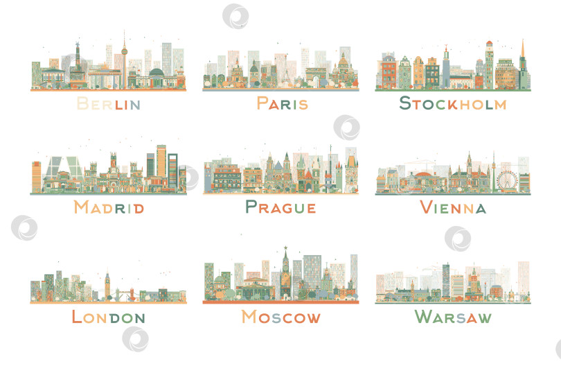Скачать Набор из 9 абстрактных городских пейзажей Европы. векторная иллюстрация. фотосток Ozero