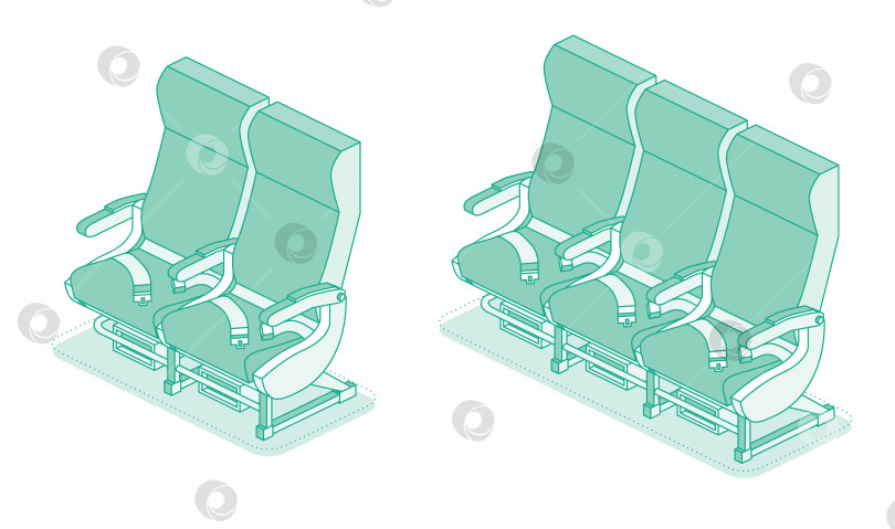 Скачать Изометрические кресла в самолете. Кресла эконом-класса. Контурные объекты, выделенные на белом фоне. Кресло в салоне самолета. фотосток Ozero