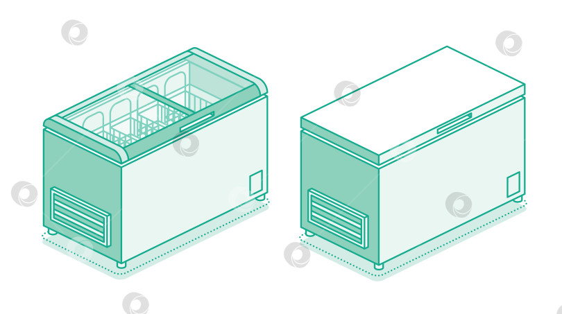 Скачать Уличный изометрический морозильник. Набор морозильных камер, выделенных на белом фоне. Стиль контура. фотосток Ozero