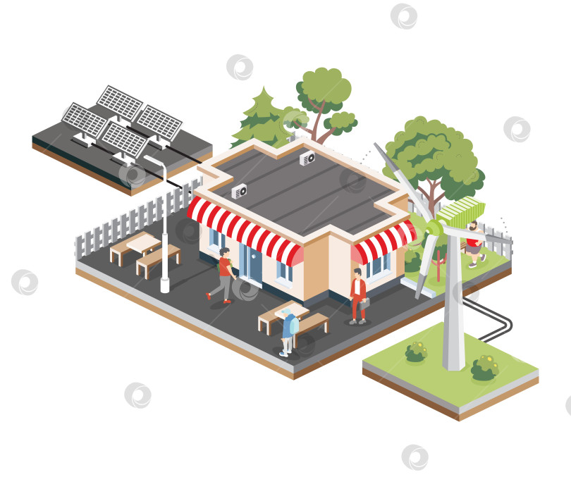 Скачать Уличная кофейня со столиками и скамейками. Ветряная турбина с солнечными батареями. Объекты, выделенные на белом фоне. Городская сцена с людьми и деревьями. Экологическая концепция. фотосток Ozero