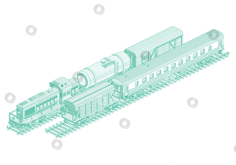 Скачать Изометрический двигатель поезда. Локомотив с железнодорожной цистерной, пассажирским железнодорожным вагоном, вагоном-хоппером и грузовым железнодорожным вагоном. Железнодорожный. фотосток Ozero