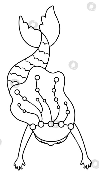 Скачать Сказочный черно-белый векторный вид сверху на плавающую русалку. Фантастическая девушка-рыба, выделенная на белом фоне. Сказочная морская принцесса. Значок линии подводных приключений. Раскраска "Милая сирена" фотосток Ozero