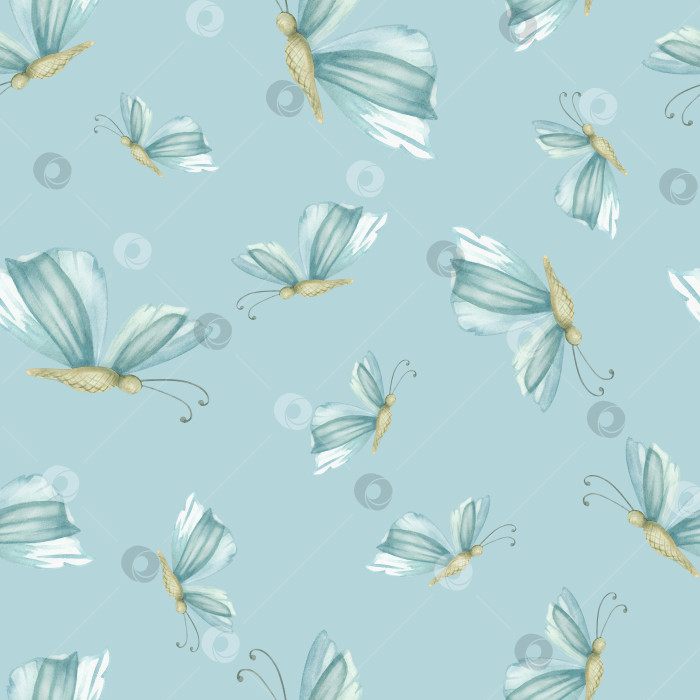 Скачать Акварельный рисунок. Бесшовный узор голубых летних бабочек. Иллюстрации для ткани, бумаги, дизайна подарков, открыток и упаковки. фотосток Ozero