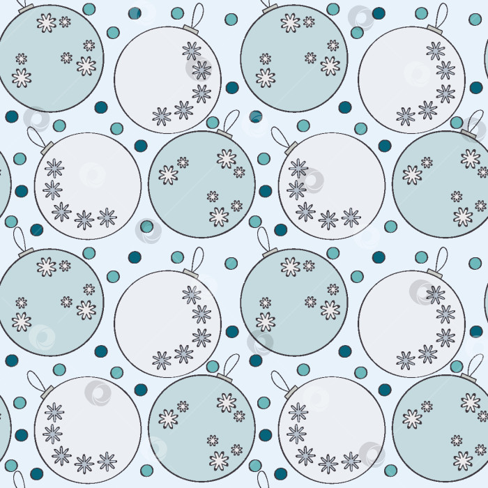 Скачать Бесшовный векторный новогодний паттерн. Светлый фон с елочными шарами, украшенными снежинками. фотосток Ozero