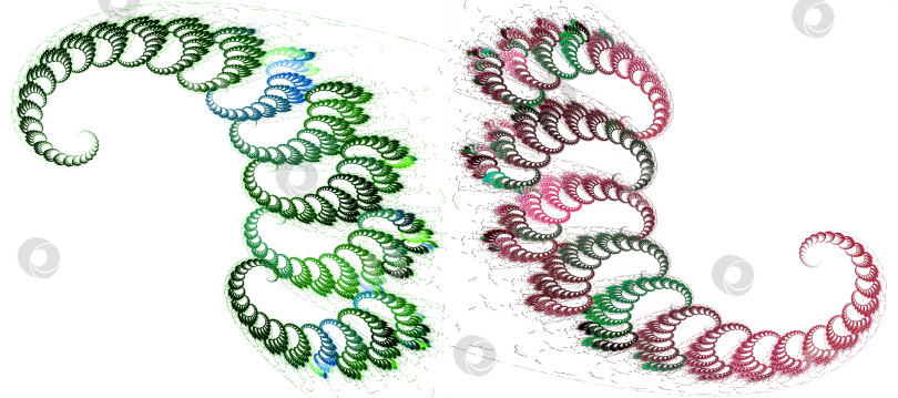Скачать Спиральные цепочки сгруппированы в большие динамичные спирали пастельных оттенков, выделяющиеся на белом фоне. 3D-рендеринг. 3D-иллюстрация. фотосток Ozero