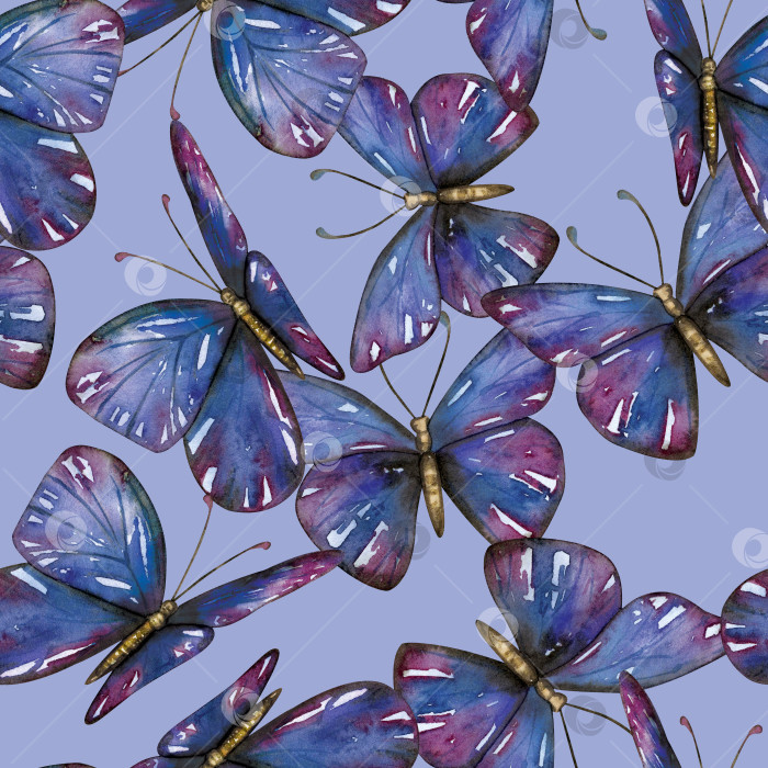 Скачать Акварельный рисунок. Бесшовный узор синих летних бабочек, мотылька, насекомого. Иллюстрация для ткани, бумаги, дизайна подарков, упаковки. фотосток Ozero