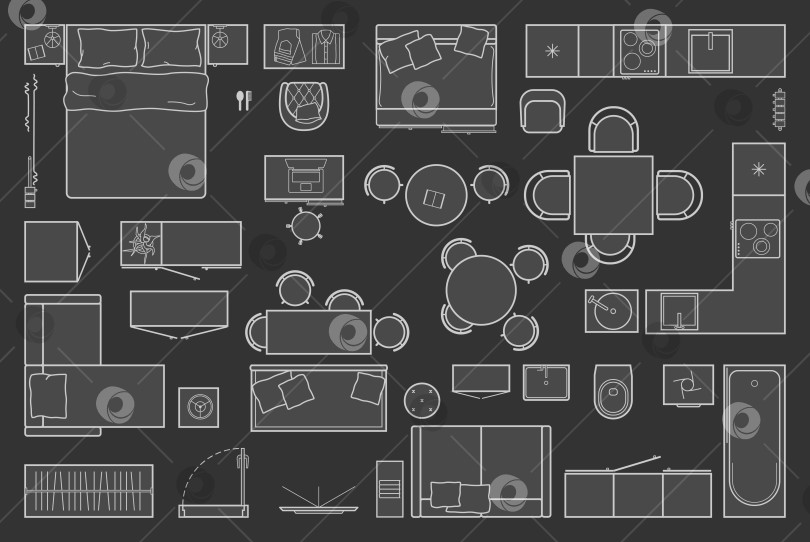 Скачать Набор значков поэтажного плана для дизайна интерьера и архитектурного проекта. Значок тонкой линии мебели в виде сверху для макета. Вектор фотосток Ozero