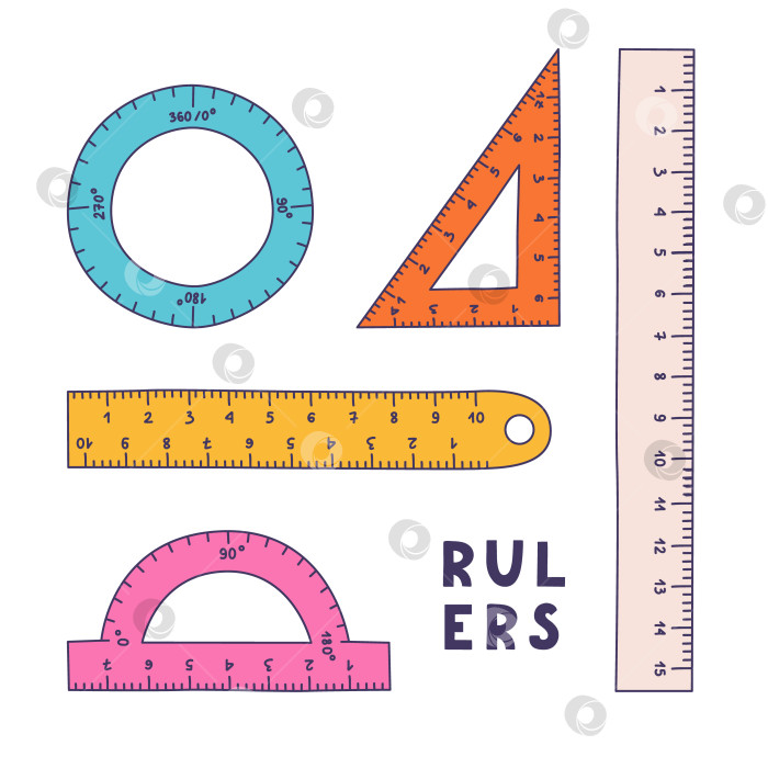 Скачать Симпатичный красочный набор для рисования, состоящий из пластиковых линеек, транспортира, треугольника, циркуля с нарисованными от руки контурами. Инструменты для рисования и измерений. Школьные принадлежности и канцелярские принадлежности для учебы и работы. Векторный клипарт фотосток Ozero