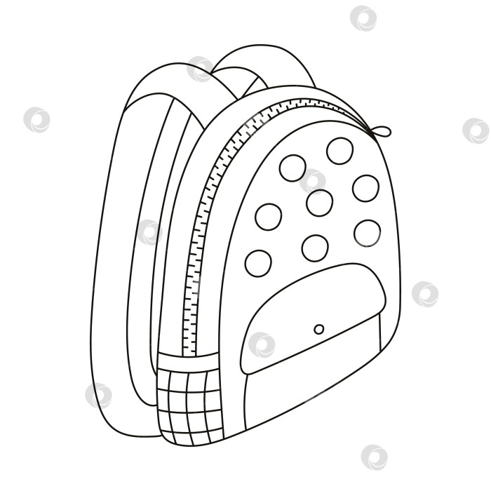 Скачать Симпатичный детский школьный ранец с карманами, застежкой-молнией и значками. Рюкзак с набросками "Назад в школу" или сумка со школьными принадлежностями. Рюкзак для детей, студентов, нарисованный от руки. Детская иллюстрация отдельно фотосток Ozero