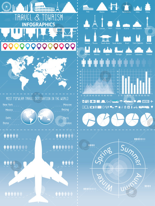 Скачать Набор туристической инфографики с достопримечательностями, значками и картой мира фотосток Ozero