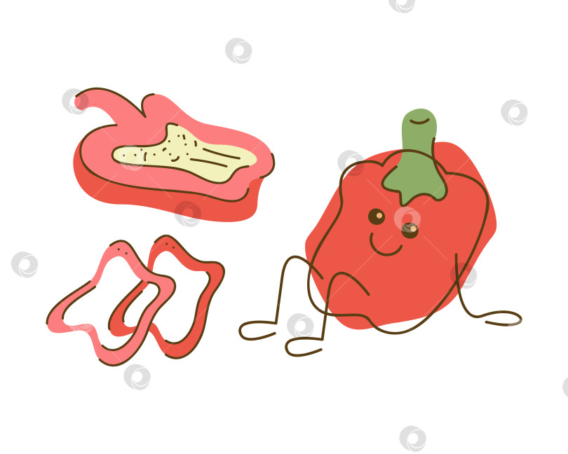 Скачать Симпатичный персонаж из болгарского перца и половинка, кусочек болгарского перца. Векторная рисованная иллюстрация. фотосток Ozero