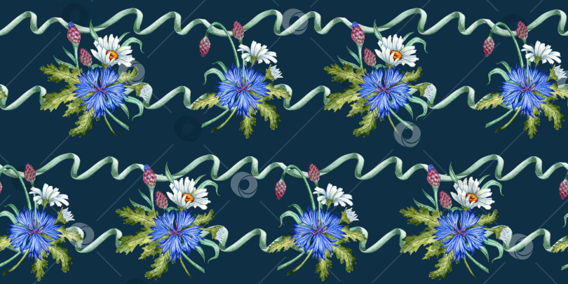 Скачать Горизонтальный узор из васильков, маргариток и зеленой ленты на синем фоне, выполненный акварелью фотосток Ozero
