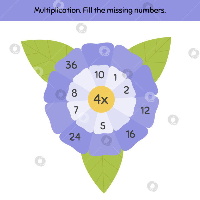 Скачать Математическая игра на умножение для детей дошкольного и школьного возраста. Заполните пропущенные числа. Цветы. фотосток Ozero