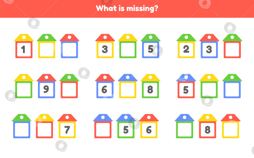Скачать Чего не хватает номеру. Рабочая тетрадь для детского сада. дошкольного и школьного возраста. Раскрась домики. фотосток Ozero