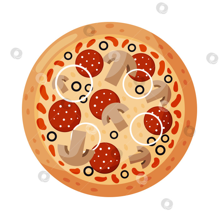 Скачать Пицца с пепперони, помидорами, луком, оливками, грибами. Изолированная на белом фоне. Итальянский фаст-фуд. фотосток Ozero