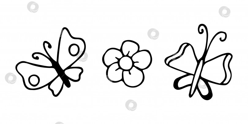 Скачать Векторный набор каракулей с бабочками и цветком. Рисованные садовые клипарты. фотосток Ozero