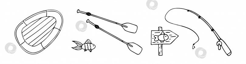 Скачать Набор векторных каракулей с элементами рыбалки. Удочка, резиновая лодка и рыболовный указатель. Контур. фотосток Ozero